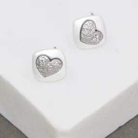 Two tone relief heart on square base earrings