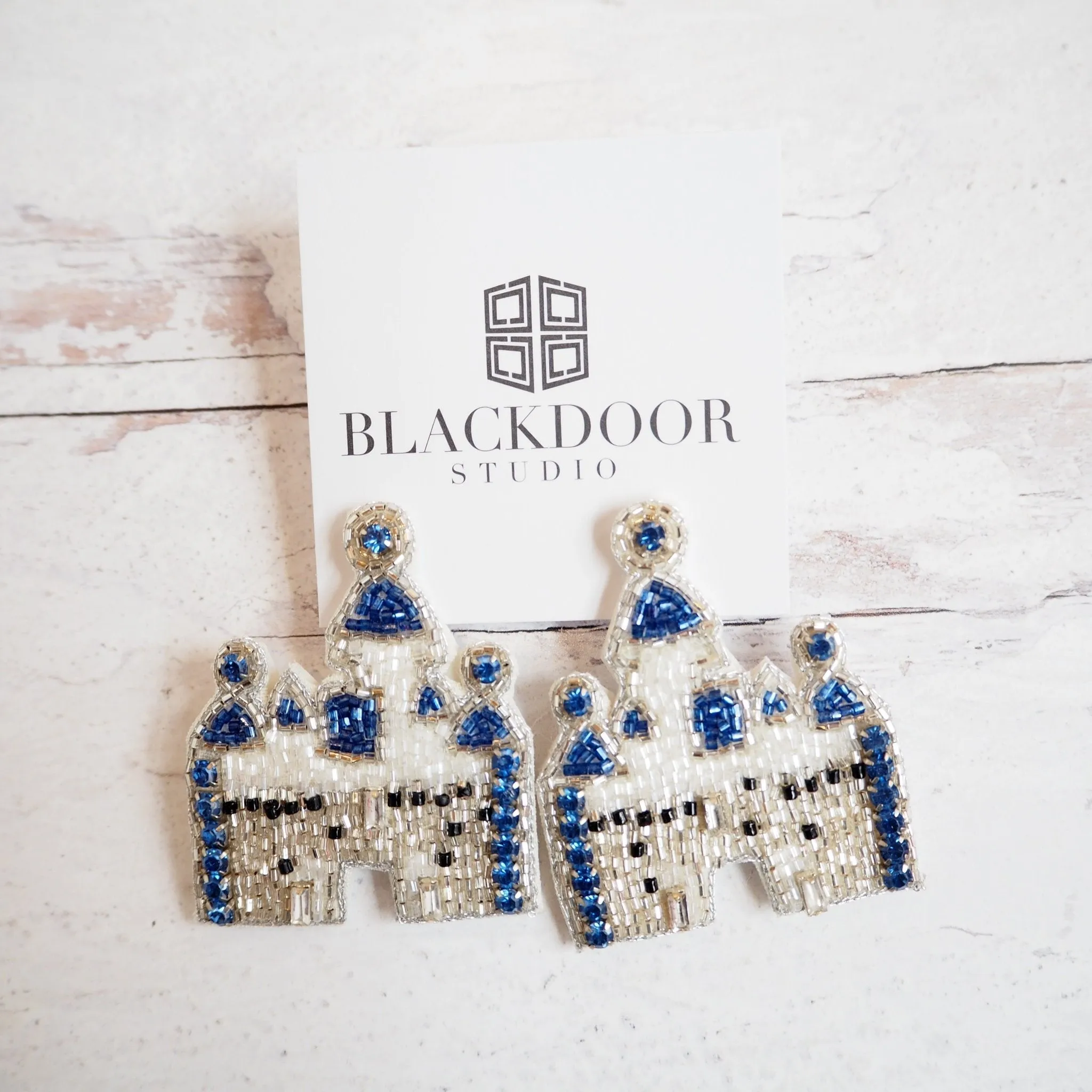 White & Blue Beaded Disney Castle Earrings