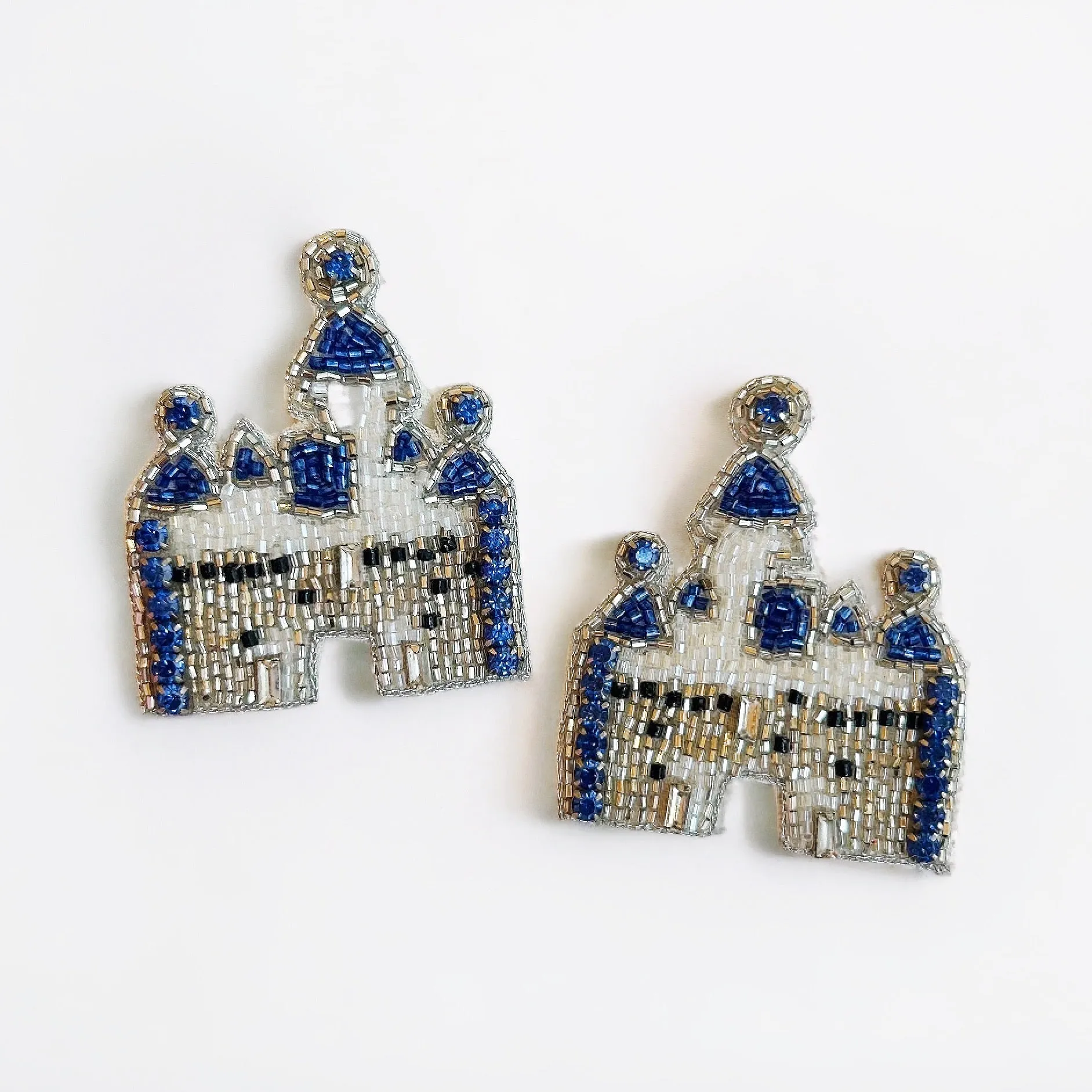 White & Blue Beaded Disney Castle Earrings