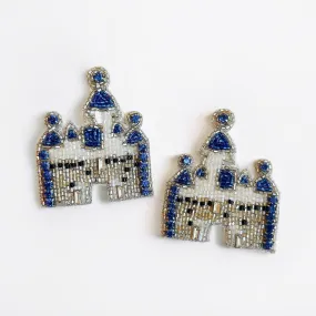 White & Blue Beaded Disney Castle Earrings