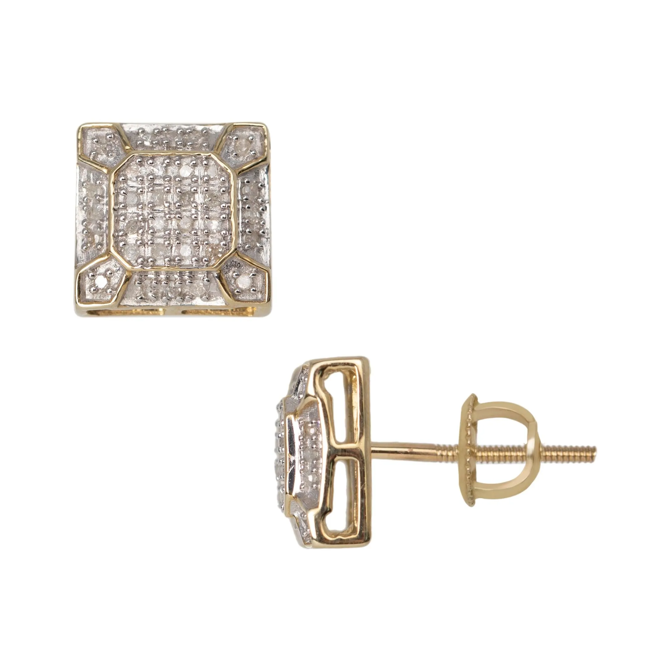 Women's Micro-Pavé Octagonal Design Square Diamond Stud Earrings 0.21ct 10K Yellow Gold